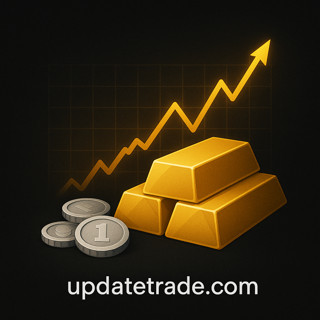 Gold & Metals Analysis thumbnail showing gold bars, silver coins, and an upward financial chart on a dark background – updatetrade.com