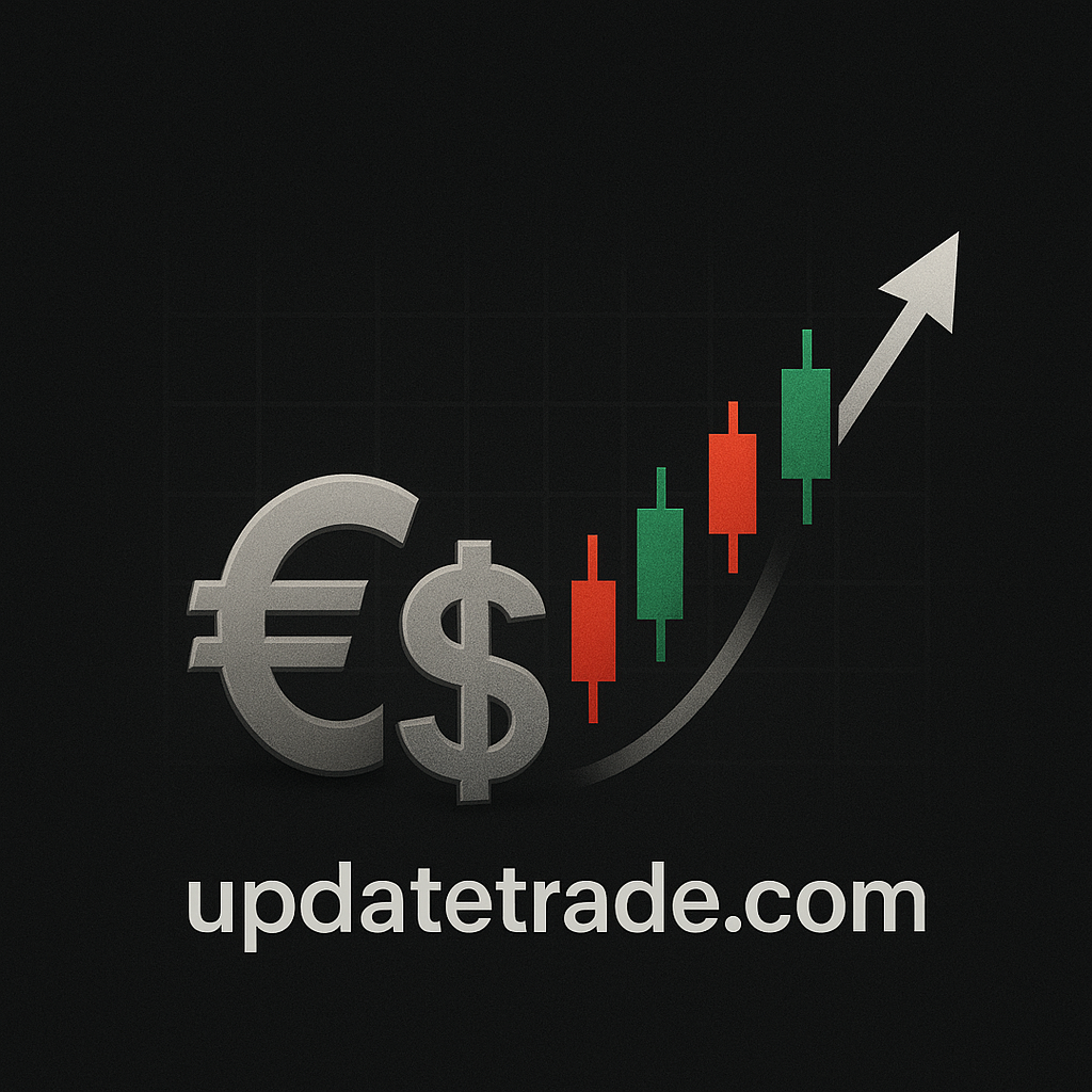 EUR and USD currency symbols with candlestick chart and upward arrow on dark background, representing forex market analysis — updatetrade.com