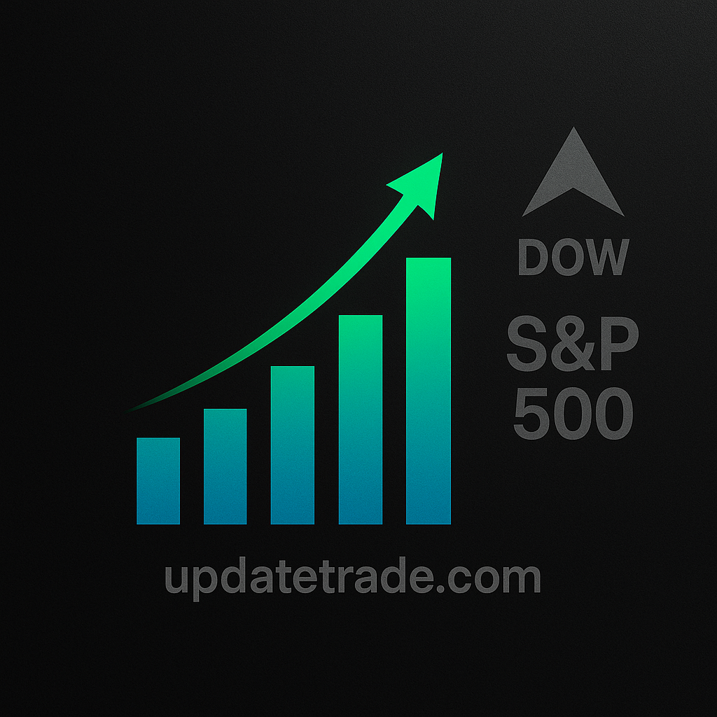Indices analysis illustration with rising bar chart, currency symbols, and upward trend arrow on dark background — updatetrade.com