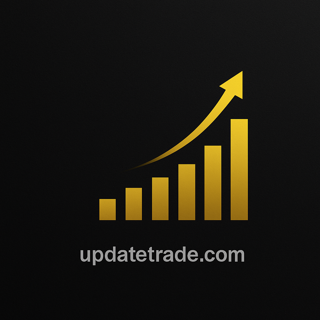 Stock Market Analysis graphic with golden bar chart and upward arrow on black background — updatetrade.com
