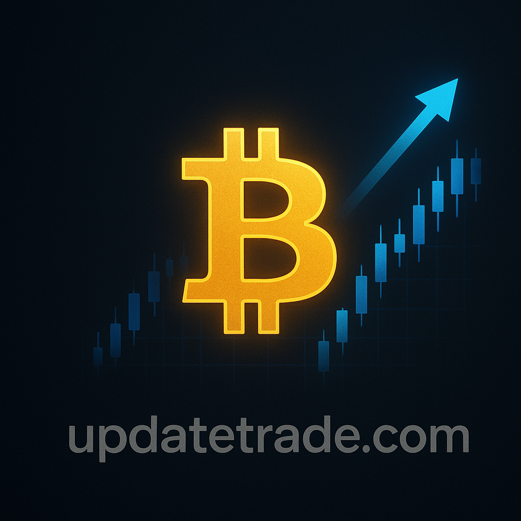 Crypto market analysis thumbnail with glowing Bitcoin logo and rising blue chart on black background — updatetrade.com